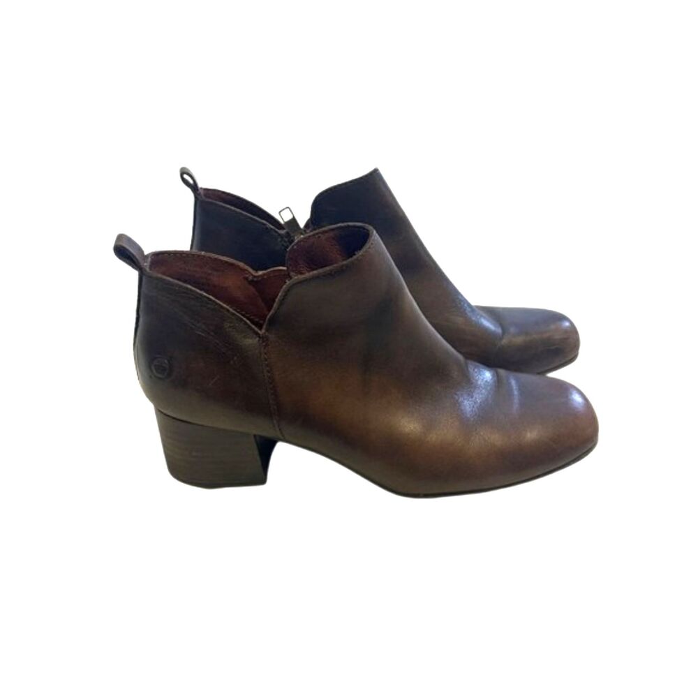 Born Aneto Leather Ankle Booties Womens 7M Block Heel Side Zip Cognac Brown